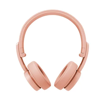 A pair of rose gold on-ear headphones is shown against a white background.