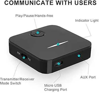Zdjęcie produktu dla Zestaw audio HD 5.0 z nadajnikiem-odbiornikiem, 2 w 1, przenośny, o niskim opóźnieniu, kompatybilny z gniazdem 3,5 mm (czarny)