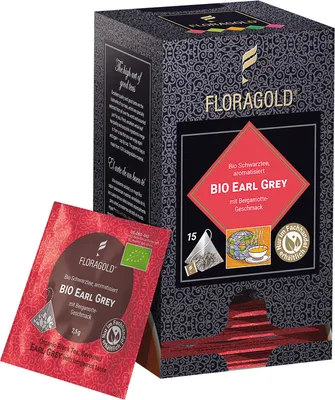 Produktbild von Floragold  Schwarztee Earl Grey, 15er Pyramidenbeutel