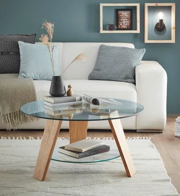 Produktbild von Couchtisch Lublin rund mit Glasplatte | Ø75 | Eiche massiv | Eichefarben