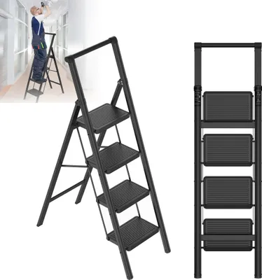 Produktbild von LZQ Stepladder 4 stopnie, składane stopnie z poręczą Składana, składana drabina z szerokim antypoślizgowym pedałem, drabina domowa Wielofunkcyjny stołek Łatwy do przechowywania udźwig do 270 kg, drabina do domu, biura, czarna