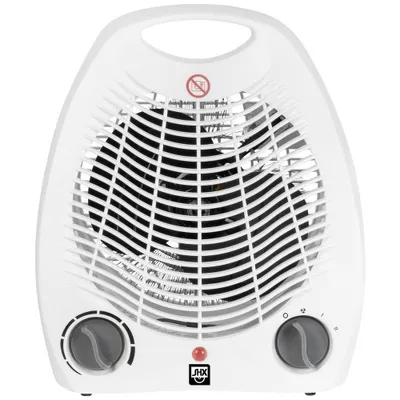 A white electric fan heater is shown from the front.