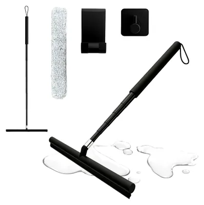 Produktbild von Schwarzer Duschabzieher mit Teleskopstiel 30-120 cm, Fensterwischer und Fensterabzieher 2 in 1, Bodenabzieher und Wasserschieber für Badezimmer, Dusche und Fensterreinigung, Silikon Glasreiniger