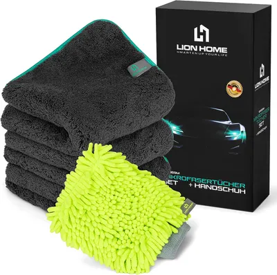 Immagine prodotto di Lion Home Set di 3 panni in microfibra 40x40 1200 GSM e guanto Assorbente e delicato