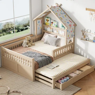 Immagine prodotto di Letto a piattaforma in legno 140x200, a forma di casetta, con letto estraibile, 3 cassetti e sponde di sicurezza (color crema)