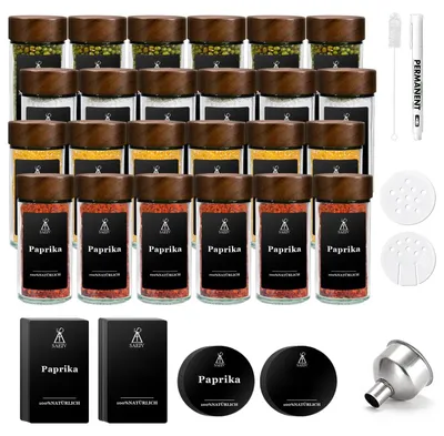Zdjęcie produktu dla Słoiki na przyprawy – zestaw 24 sztuki, pojemność 100 ml – pokrywki z drewna akacjowego – okrągłe – z etykietami – można myć w zmywarce (bez pokrywek) – brązowe