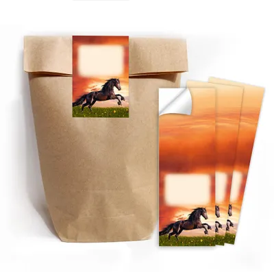 12 Geschenktüten natur + 12 Pferde-Sticker für Kindergeburtstag
