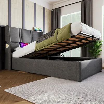 Produktbild von Čalúnená posteľ Flieks 90x200 cm s funkciou zásuvky, úložný priestor, jednolôžko s lamelovým roštom, hydraulická skriňová pružina, posteľ pre mladých, posteľná bielizeň, sivá