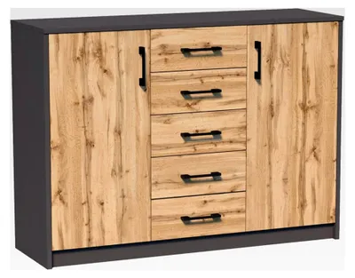 Produktbild von Kommode mit 5 Schubladen und 2 Türen in Matt, 110 cm breit, Holzschrank in Graphit Eiche