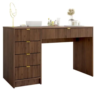 Produktbild von MIRJAN24 Schreibtisch / Schminktisch Tireno mit 5-Schubladen, Fronten gefräst, Aluminiumgriffe in der Farbe Gold, universell - Links / Rechts (Farbe: Nuss Okapi)