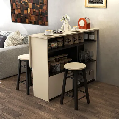 Produktbild von SUGIFT Küchentisch klappbar, Barset 3-tlg. mit klappbarem Bartisch und 2 Barhockern, Spanplatte, Schwarz+Eiche | 6 Staufächer | 116 x 70 x 89,5 cm