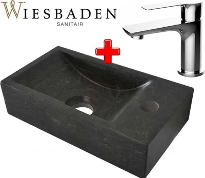 Produktbild von Set 2w1 Wiesbaden: Waschbeckenarmatur, CASMA, Chrom + Kleine Steingröße, B-STONE XS, 36x18cm, HANDGEFERTIGT, rechts.