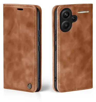 A brown leather flip case for a smartphone is shown from two angles.