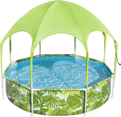 Produktbild von Bestway® Steel Pro™ Frame Pool mit Sonnenschutzdach "Splash-in-Shade" ohne Pumpe Ø 244 x 51 cm, grünes Blätter-Design, rund