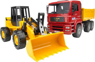 A yellow front loader and a red dump truck are displayed side-by-side against a white background.