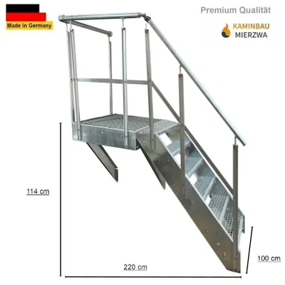 Produktbild von Podesttreppe Wangen- Stahltreppe 6 Stufen Höhe 114cm inklusive Podest 100x100cm mit Geländer Verzinkt / Ausrichtung Treppe Rechts / Aussentreppe