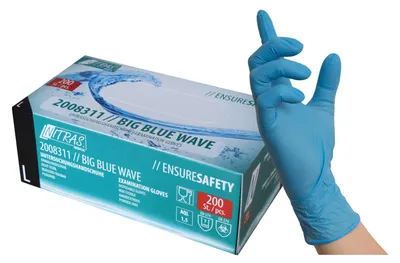Produktbild von NITRAS BIG BLUE WAVE, Nitril-Einmalhandschuhe, blau, EN 455, EN ISO 21420, EN ISO 374, EN 421, Box à 200 Stück Gr.: L