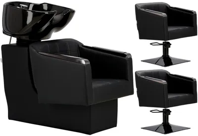 Produktbild von Pikos Set schwarz Friseursalon Waschbecken und 2x hydraulischer drehbarer Friseurstuhl für den Friseursalon bewegliches Waschbecken Keramikschüssel Armatur Wasserhahn Dusche
