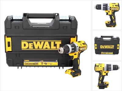 A collage of images showing a DeWALT cordless impact drill and its storage case.