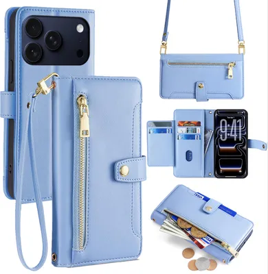 Produktbild von Handykette für iPhone 17 Pro Max Hülle mit Band Handyhülle Kartenfächer Kunstleder Umhängetasche Hellblau