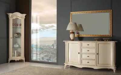 Produktbild von Wohnzimmer Vitrine Schrank Kommode Italien Spiegel klassisches Set 3tlg Weiß
