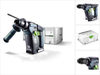 A collage of images showing a Festool Akku-Bohrhammer 18V BHC18 Li-Basic, its accessories, and packaging.