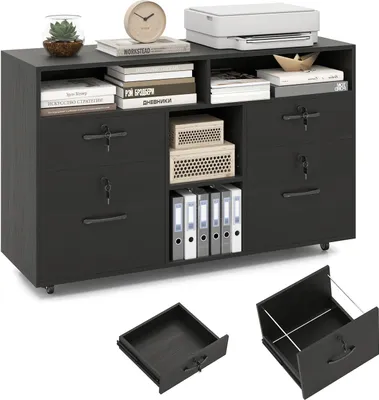 Produktbild von KOMFOTTEU Aktenschrank mit Rollen, abschließbarer Schreibtisch mit 4 Schubladen, Druckerständer mit verstellbarem Einlegeboden für A4/Brief-Ordner für Büro, 104 x 35 x 65,5 cm, Schwarz