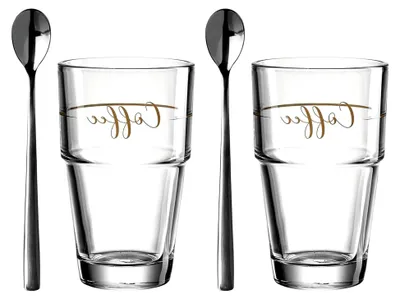 Produktbild von Latte-Macchiato Gläser Set, 4-teilig, 2 Glasbecher mit Coffee Aufdruck und 2 Löffeln, spülmaschinengeeignet, 410 ml