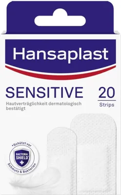 Image de Hansaplast Pansements SENSITIFS, Pansements adhésifs résistants à la saleté et à l'eau Set de pansements avec fort pouvoir adhésif & Bacteria Shield (20 bandes)
