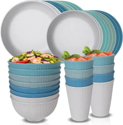 Zdjęcie produktu dla Zastawa stołowa 8 osób, talerze miski i kubki plastikowe, niebiesko-biała, na kemping