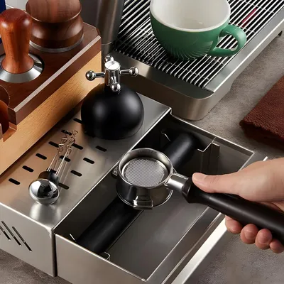 Produktbild von Siebtray für Siebträger - Kaffee-Klopfbox - Edelstahl-Quirlbox mit abnehmbarer schalldämpfender Stange - 350 x 250 x 100 mm - Silber