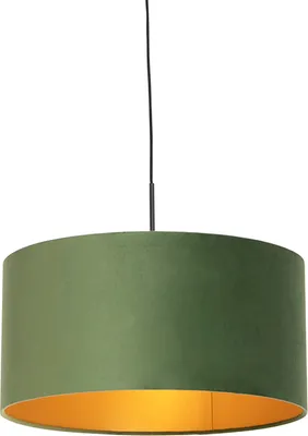 Produktbild von QAZQA - Landhaus I Vintage I Rustikal Hängelampe I Pendellampe I Pendelleuchte mit Veloursschirm grün mit Gold I Messing 50 cm - Combi I Wohnzimmer I Schlafzimmer - Textil Zylinder I Länglich I Rund -