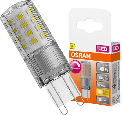 Immagine prodotto di OSRAM LED PIN Lampada LED in plastica trasparente, con 4,4 W per 600 lm, luce bianca calda a 2700 K, multicolore, base retrofit a innesto G9, CRI 80, EEK D, dimmerabile.
