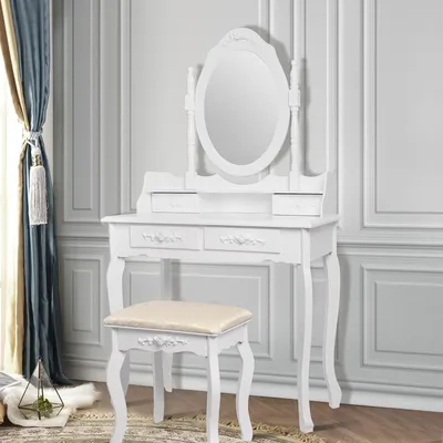 Produktbild von Schminktisch – Schminktisch mit Spiegel und Hocker – Toilettentisch – Schminkmöbel – Schminktisch – Weißer Schminktisch mit Spiegel und Hocker