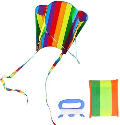 Productafbeelding van Ibenzoa® Regenboogvliegers voor kinderen, 82 x 52 cm, enkelvoudig, opvouwbaar, gemaakt van scheurbestendig polyester, met 30 meter lijn met een kindvriendelijke handgreep en kleurrijke, 165 cm lange staarten
