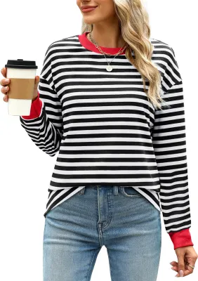 Produktbild von ASKSA Damen T-Shirt Rundhals Langarm Shirts Gestreift Basic Elegant Casual Lose Frauen Tunika Oberteile (Schwarz-Rot,2XL)