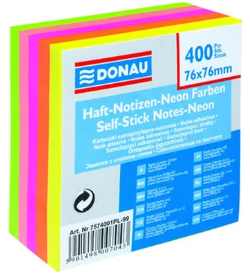 Productafbeelding van Blokje DONAU, 76 x 76 mm, 5 neonkleuren, 400 velletjes
