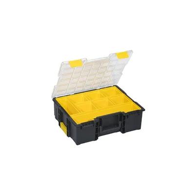 A black and yellow organizer box with a clear lid is shown against a white background.