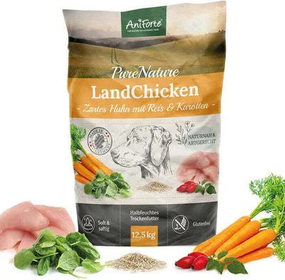 A bag of dog food with ingredients shown around it.