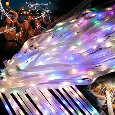 Productafbeelding van LED-bruiloftstoedel met linten en belletjes - Lichtgevende bruiloftswedel met warm wit en kleurrijk licht