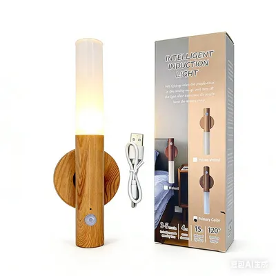 Produktbild von LED Nachtlicht mit Bewegungsmelder USB Akku Wandlampe Holz Magnet