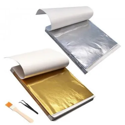 Immagine prodotto di Foglie d'oro e d'argento per lavori creativi, confezione da 200 fogli di 8,5x9,5 cm, con pinzette e pennello