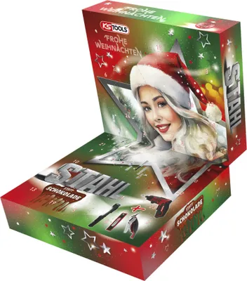 An open advent calendar with a festive Christmas design, featuring a woman in a Santa hat and various tools.