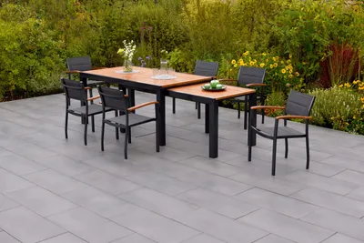 Produktbild von Merxx Gartenmöbel Set Paxos 7tlg., 6 Stapelsessel , Flex Ausziehtisch 180 (180) x 100 (83) x 80 (74) cm- Aluminium/Akazie/Textil