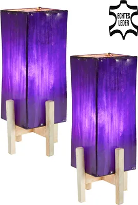 Produktbild von 2er Set Orientalische Tischlampe Janka 30cm Lederlampe Quadratisch Lampe | Marokkanische kleine Tischlampen aus Metall, Lampenschirm aus Leder | Orientalische Dekoration aus Marokko, Farbe Lila