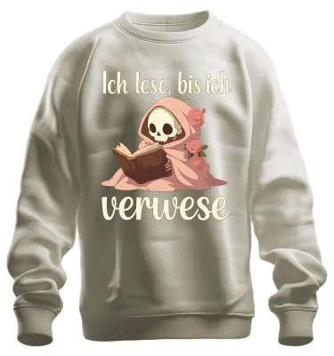 Productafbeelding van Ik lees tot ik verdwaal. Boekenwurm, leeshobby, skelet, Halloween, uni sweatshirt, natuur, maat M