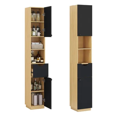 Produktbild von Puluomis Badezimmerschrank Badkommode mit Schubladen, Hochschrank schmal 30x30x190 cm, Kippschutz Aufbewahrungsschrank für Bad, Küche, Flur schwarz