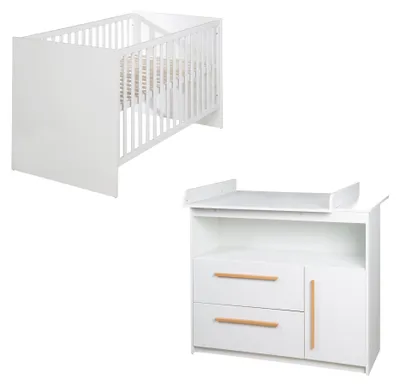 Produktbild von roba Babymöbel Set 2-teilig Lilo - Kinderbett 70 x 140 cm umbaubar + Wickelkommode mit abnehmbarem Ansatz - Weiß - Holzgriffe aus Buche