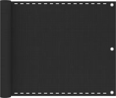 A rolled-up black privacy screen with grommets along the top and right edges, laid out flat on a white background.