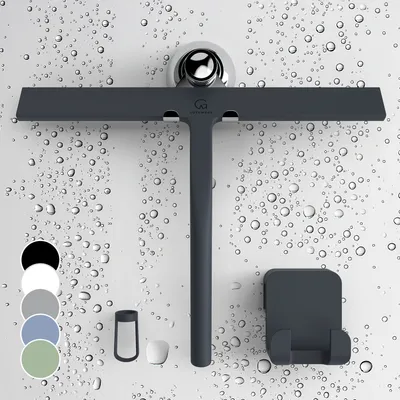 Produktbild von GÜTEWERK Duschabzieher Set mit Halterung - schwarz 28 cm breit - ohne Bohren Silikon Abzieher Dusche Badezimmer Fenster Fensterabzieher Edelstahl Kern Scheibenabzieher mit Saugnapf Halter Badabzieher